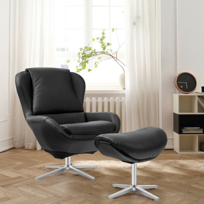 Sillón reclinable giratorio 360° de cuero con otomana y base de aleación de aluminio