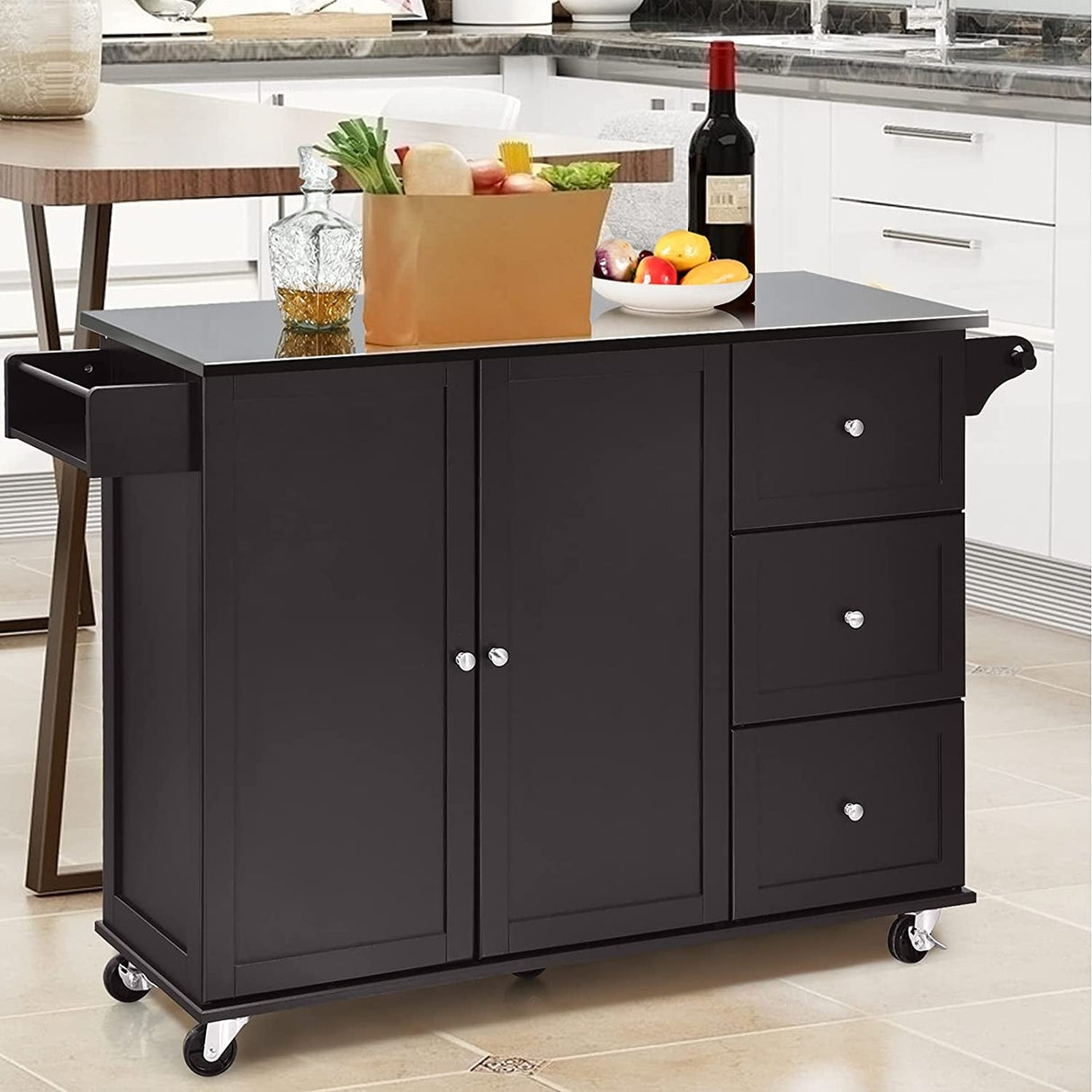 Isla de cocina con gabinete de almacenamiento de 2 puertas, cajones y encimera de acero inoxidable