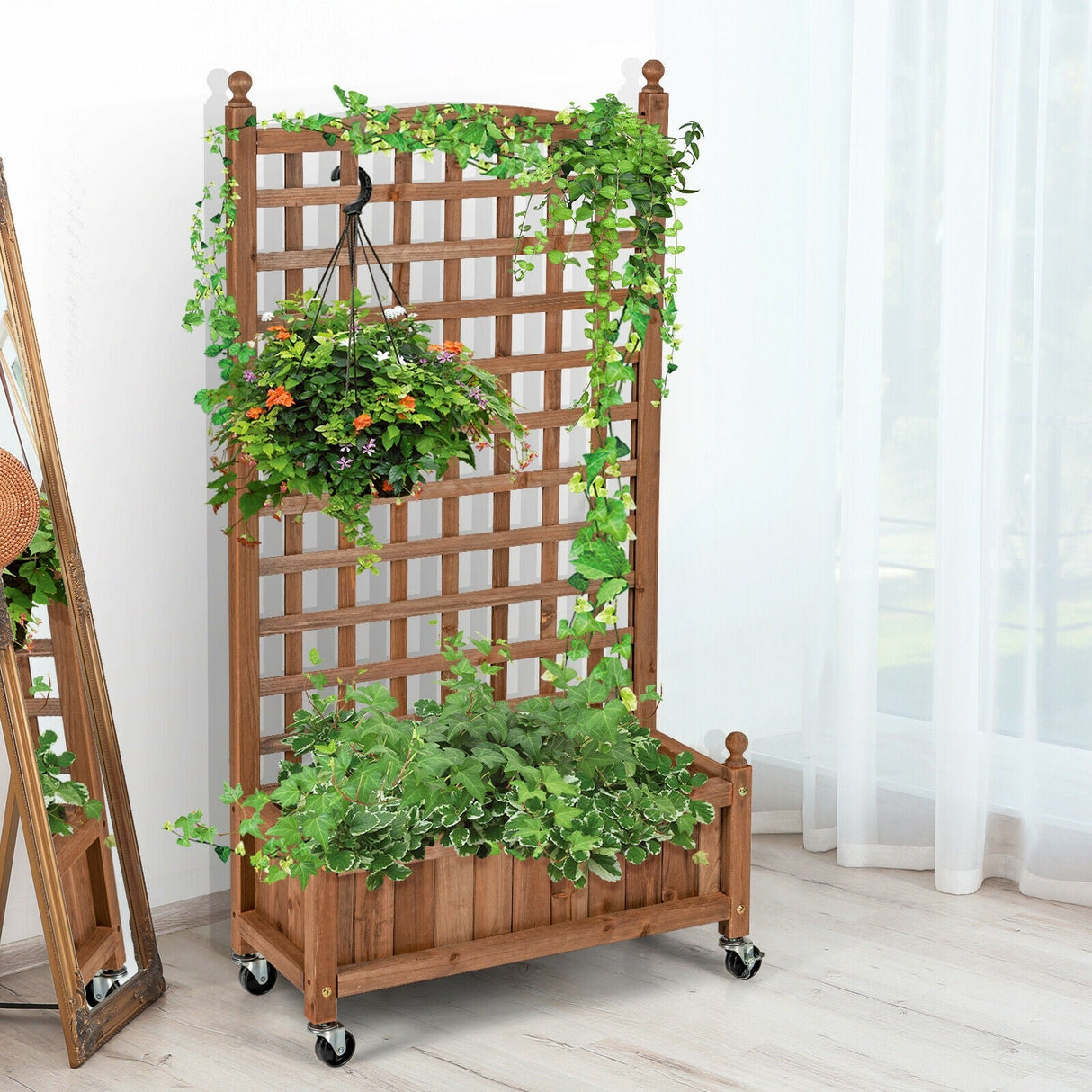 Caja de jardinera de madera de 50 pulgadas con enrejado móvil para plantas trepadoras