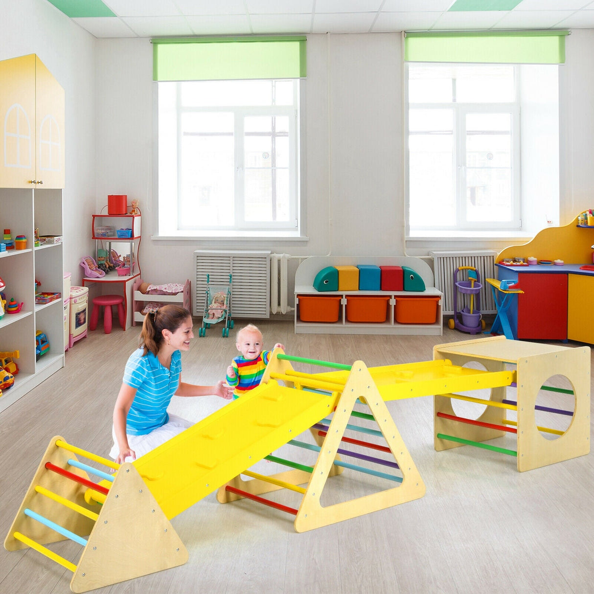 Set de gimnasio de juegos de escalada triangular 5 en 1 para niños con 2 rampas