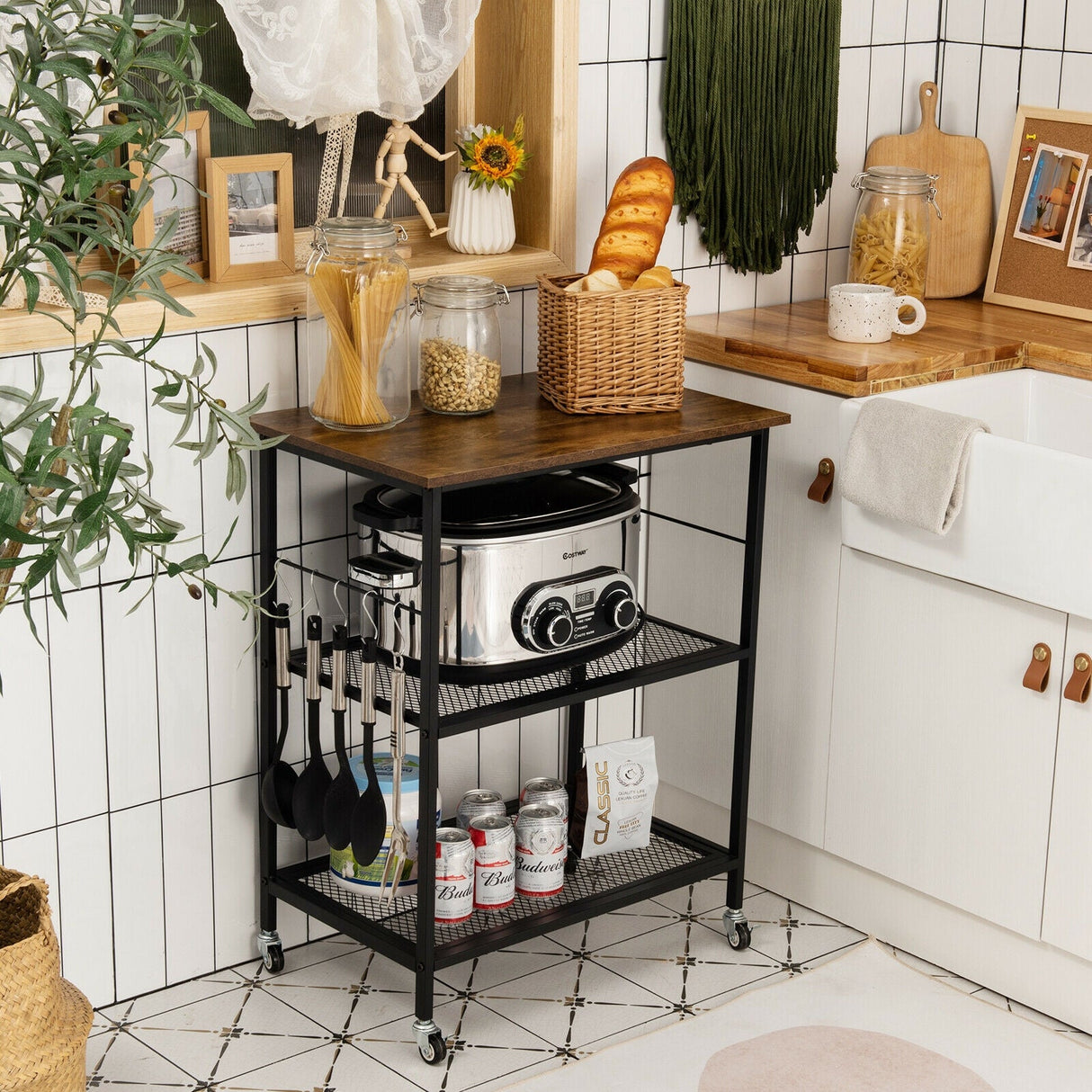 Carrito de servicio de cocina de 3 niveles con ruedas, estante utilitario para microondas con ganchos
