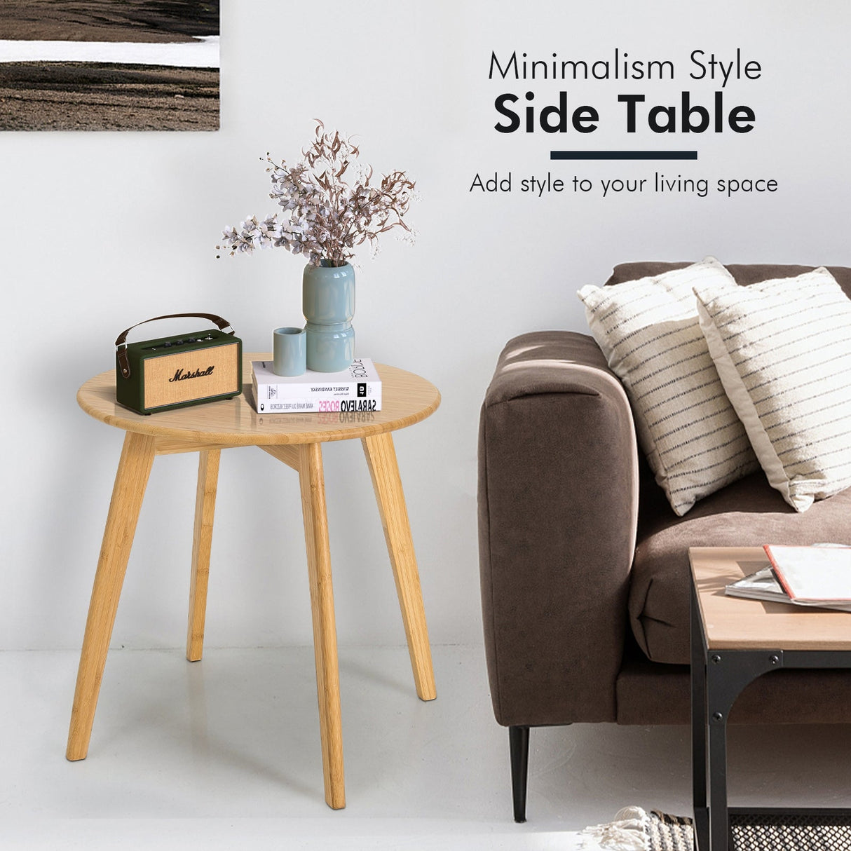 Mesa auxiliar redonda de bambú, moderna y elegante, con tablero redondo de 50,8 cm - Natural