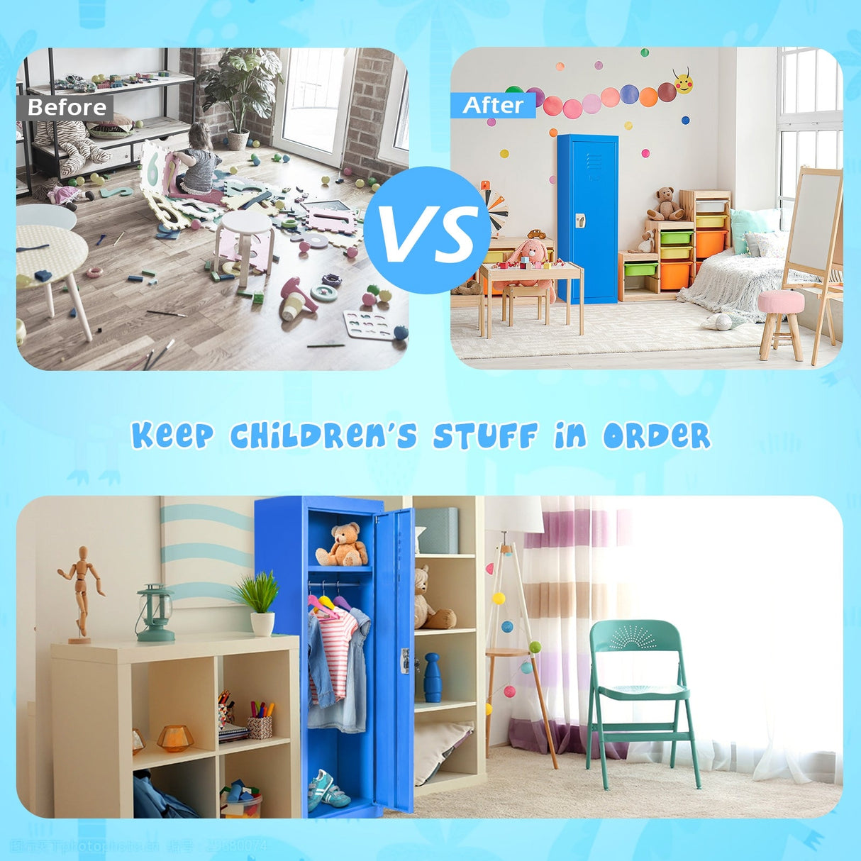Taquilla metálica de un nivel para niños, segura, de 48 pulgadas, color azul