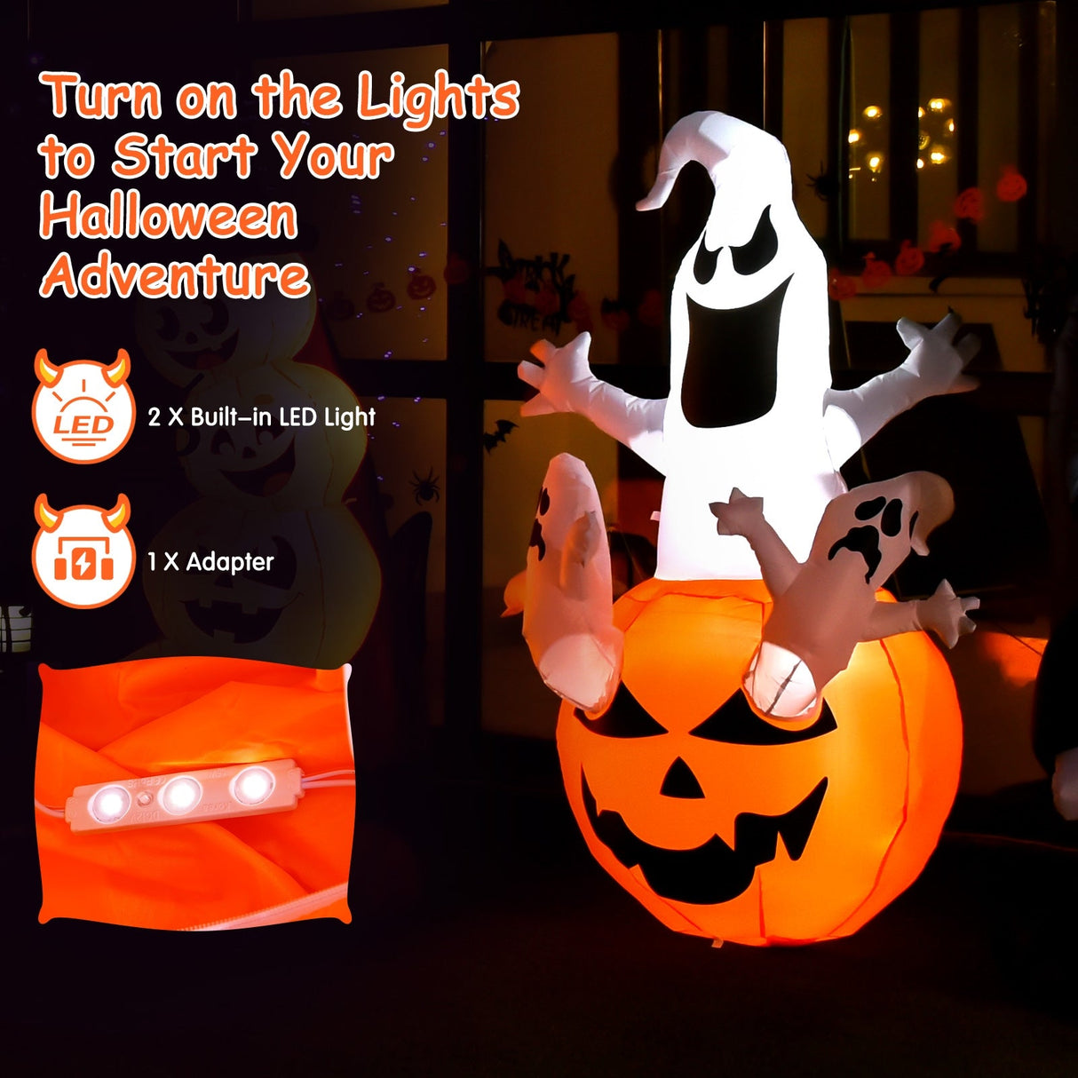 Decoración inflable de jardín de calabaza de Halloween de 1,8 m con luz LED incorporada
