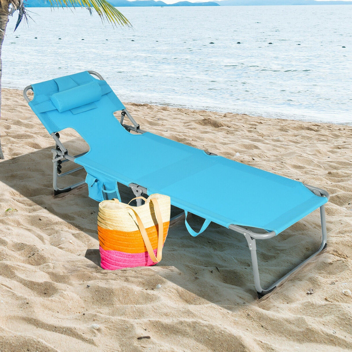 Tumbona de playa plegable con almohada para exteriores - Turquesa