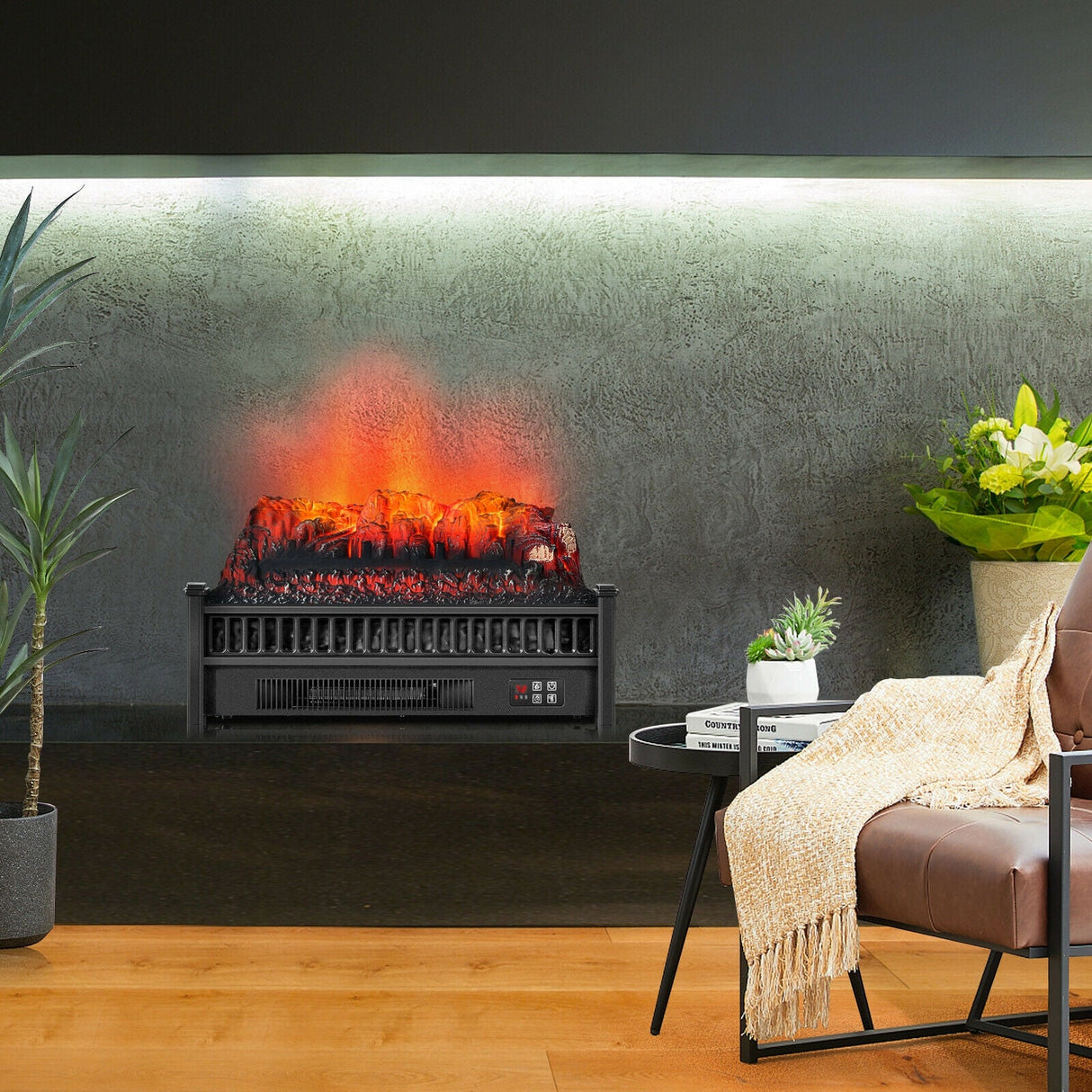Calefactor de leña eléctrico de 1400 W con brillo de llama ajustable - Negro