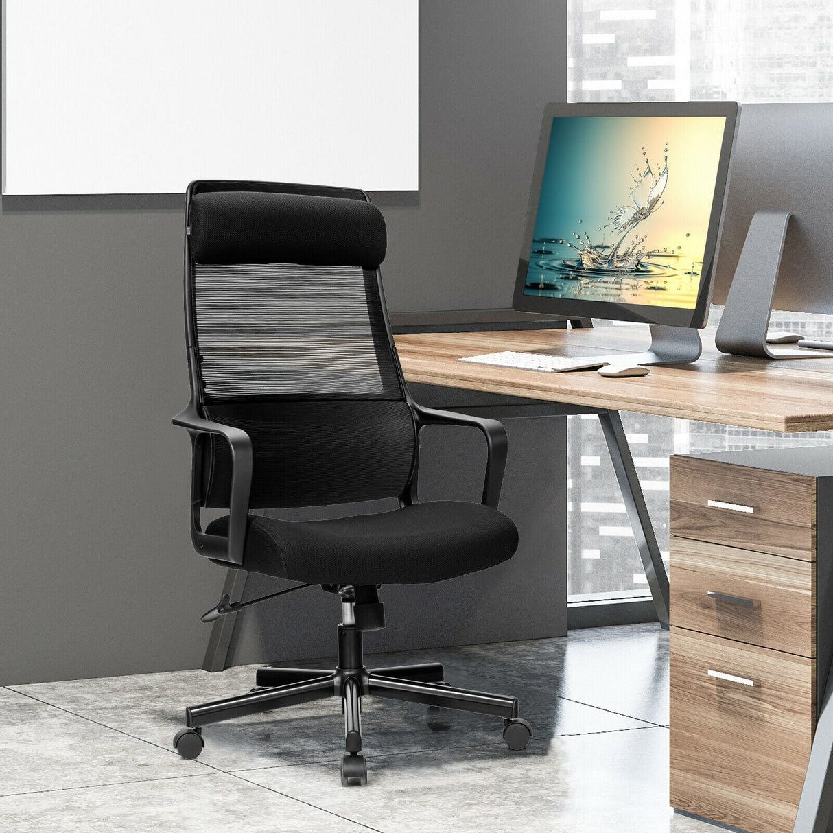 Adjustable Mesh Office Chair with Heating Support Headrest
