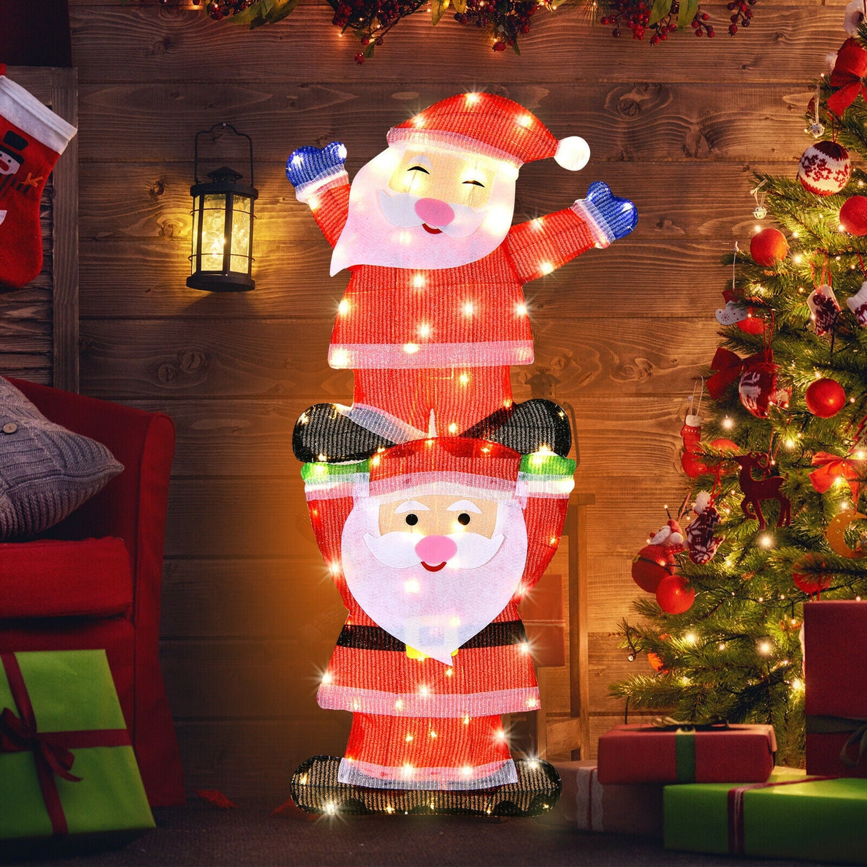 Decoración navideña doble de Papá Noel con luces de cadena y estacas para jardín con LED