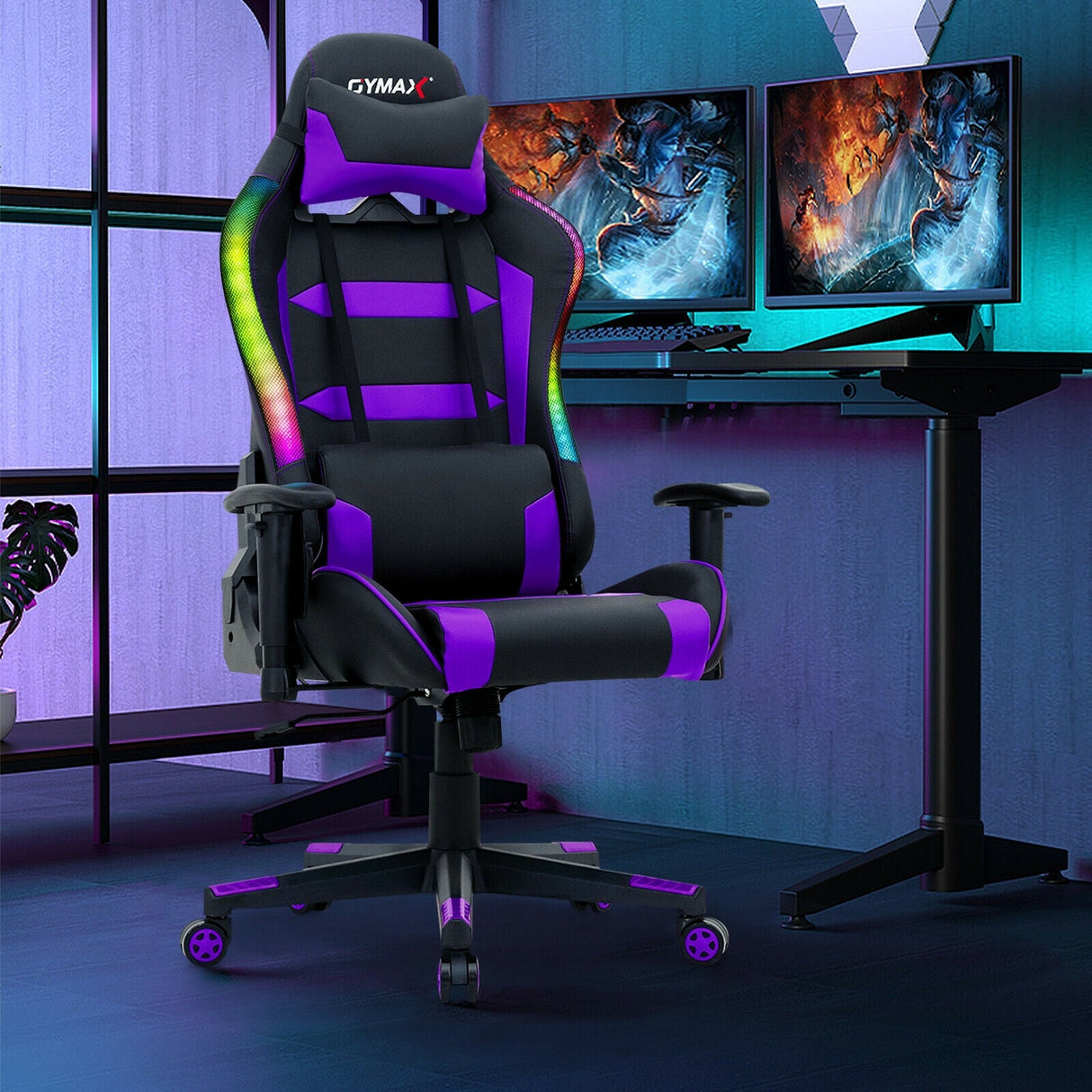 Silla Gaming Giratoria Ajustable con Luces LED y Mando a Distancia