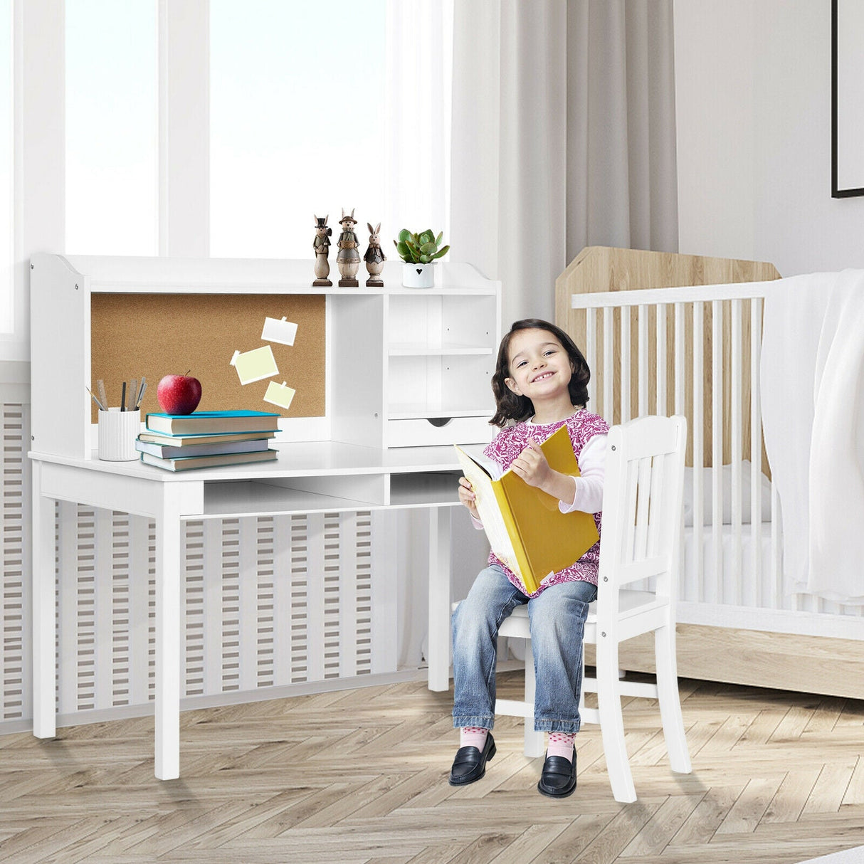 Juego de escritorio y silla para niños, escritorio de estudio con estantería y repisas