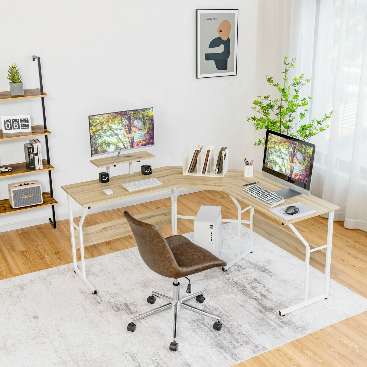 Mesa de escritorio para ordenador en forma de L reversible de 88,5 pulgadas con soporte para monitor
