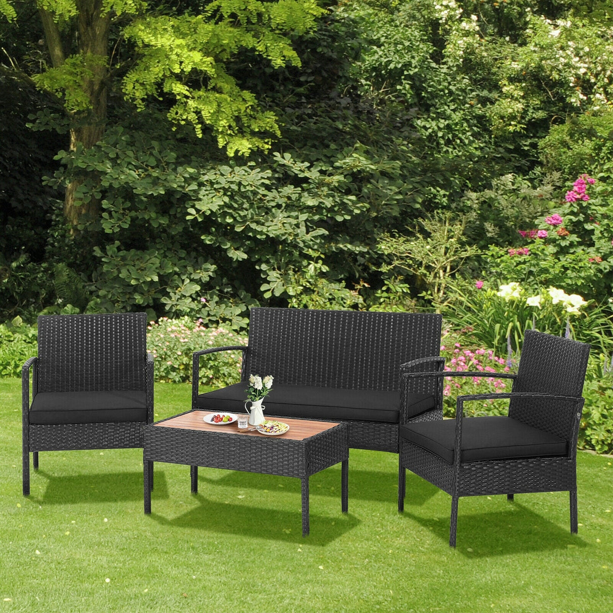 Juego de Muebles de Patio de Ratán Acolchados de 4 Piezas con Mesa de Centro de Madera