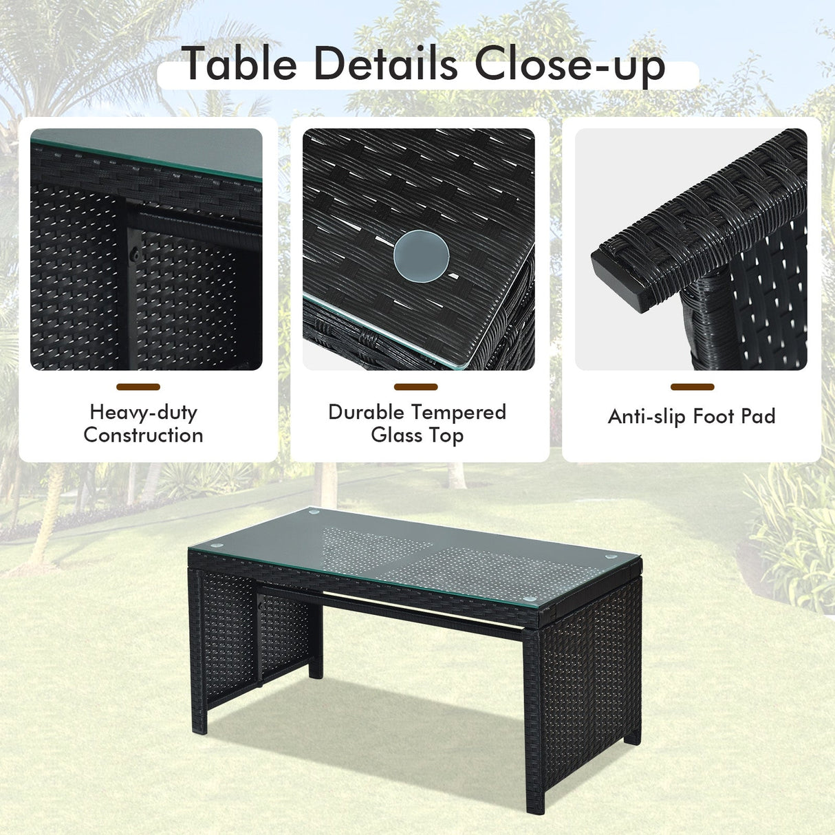 Juego de muebles de patio de ratán de 4 piezas con cojines resistentes a la intemperie y mesa de vidrio templado