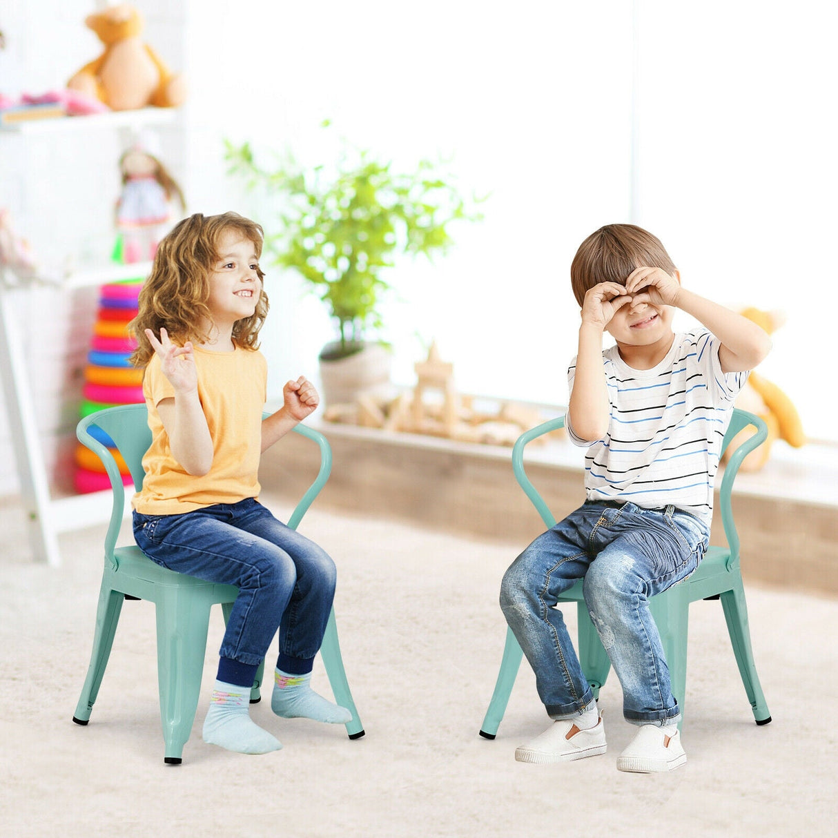 Juego de 2 sillas apilables de acero para niños-Verde