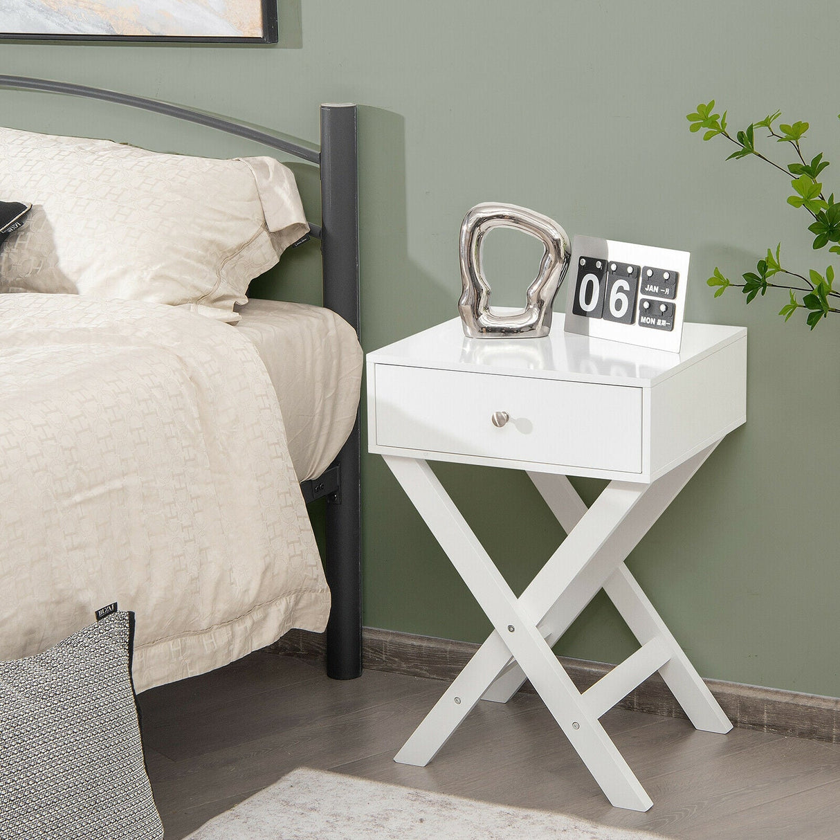 Mesita de noche moderna en forma de X con cajón para sala de estar o dormitorio