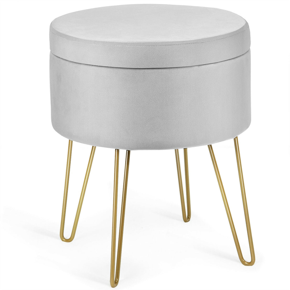Taburete otomano redondo de terciopelo con almacenamiento, reposapiés, silla de tocador con patas de metal