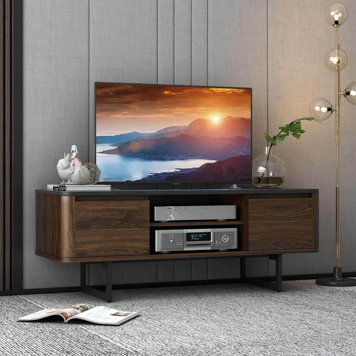 Mueble de TV de madera con armarios de almacenamiento de 2 puertas para televisores de hasta 55 pulgadas