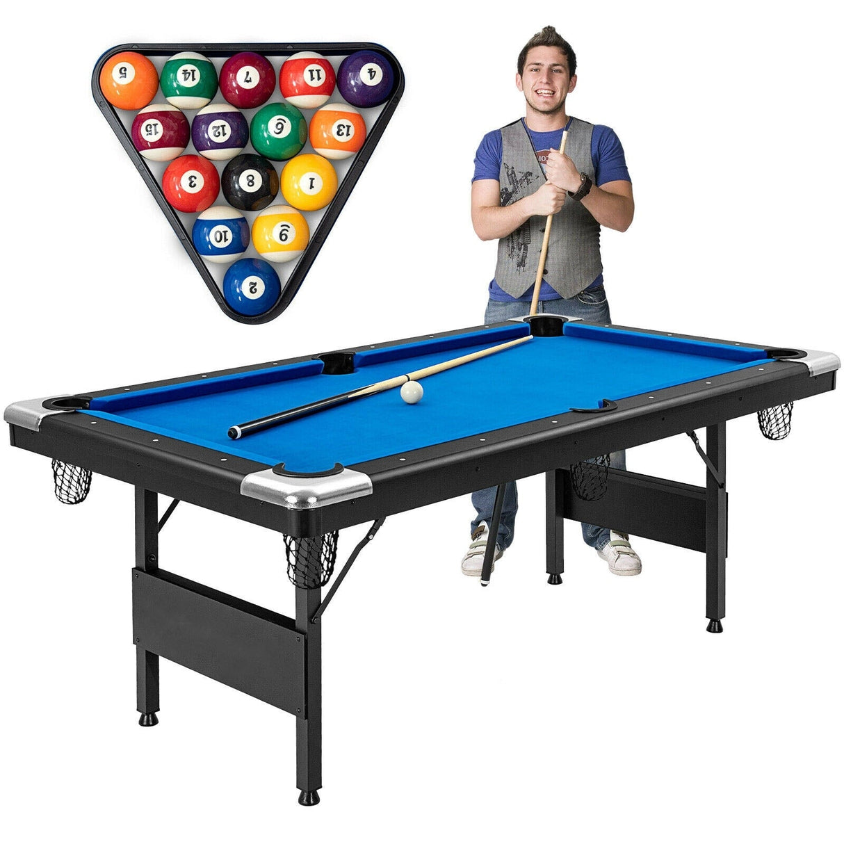 Mesa de billar plegable de 6 pies con juego completo de bolas - Azul