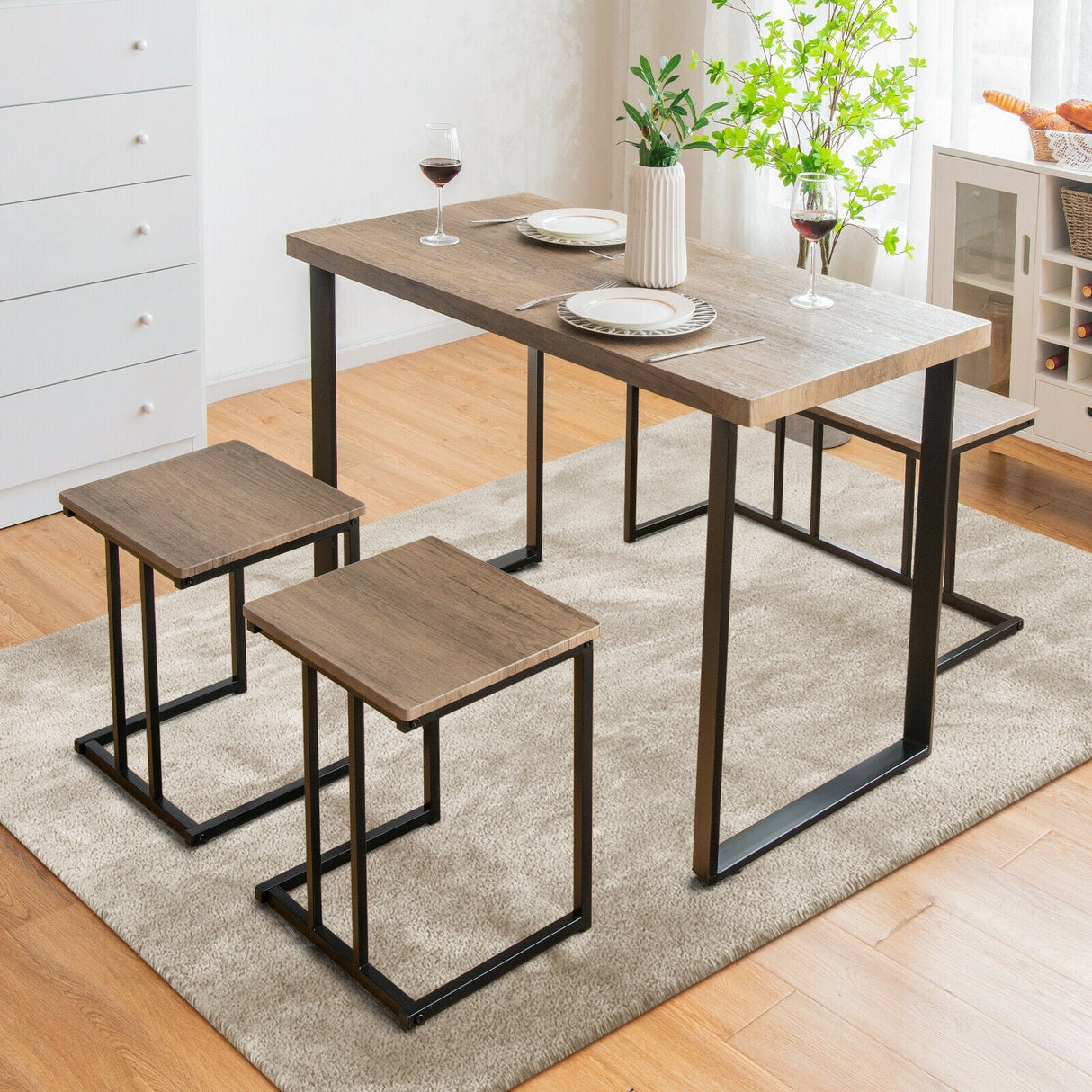 Juego de comedor industrial de 4 piezas con banco y 2 taburetes - Roble