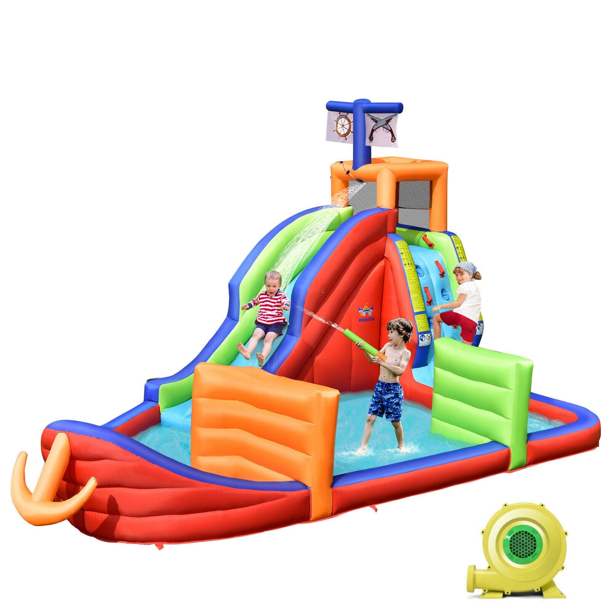 Castillo Hinchable Infantil 6 en 1 de Barco Pirata con Tobogán de Agua, Pistolas de Agua y Soplador de 735W