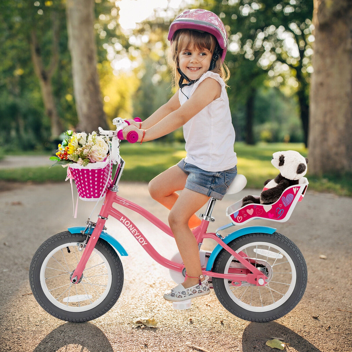 Bicicleta infantil de 16 pulgadas con ruedas de entrenamiento y cesta de almacenamiento