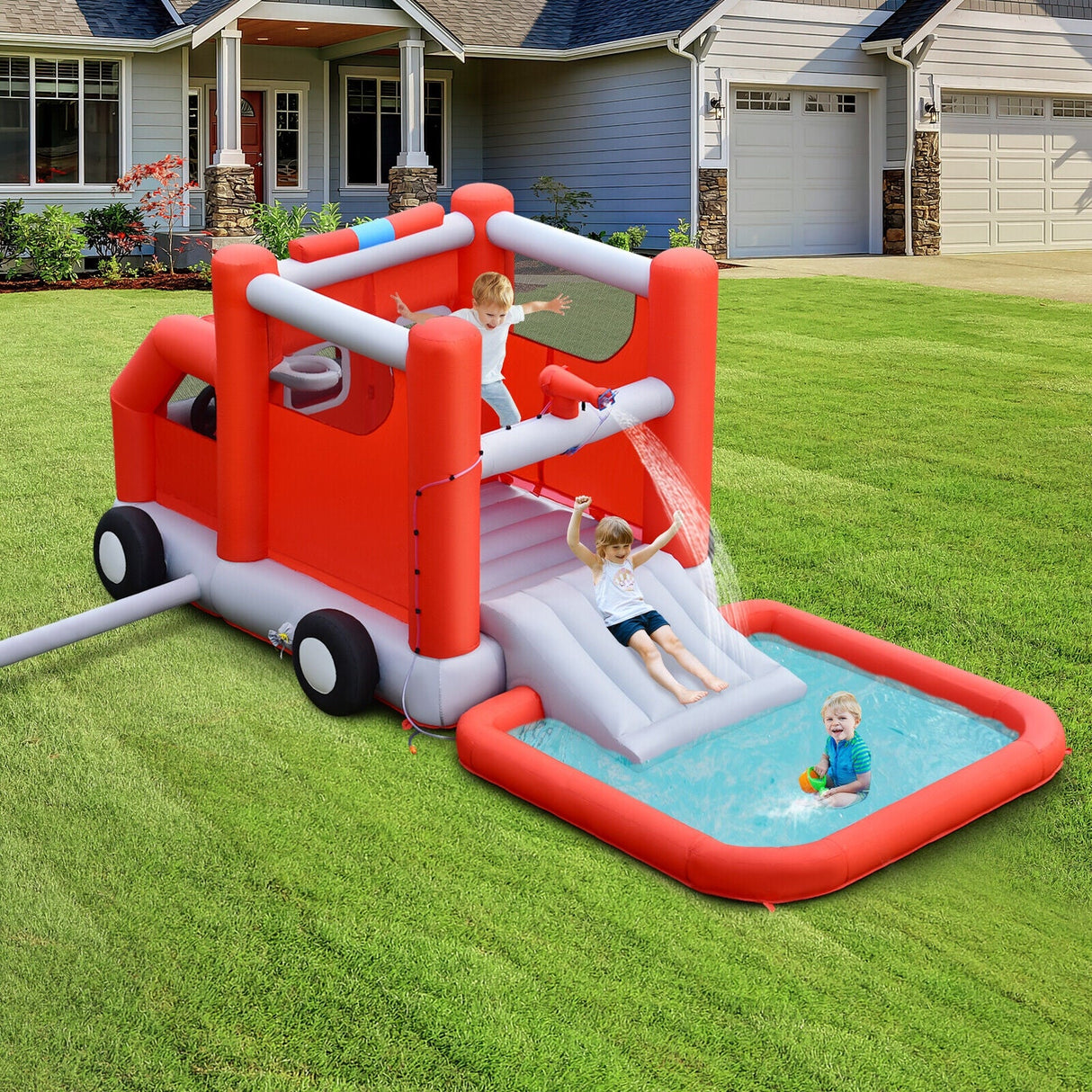 Parque Acuático Hinchable con Diseño de Camión de Bomberos, Casa de Rebote para Niños sin Soplador