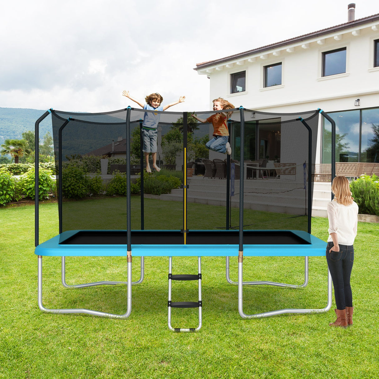 Cama elástica rectangular recreativa de 8 x 14 pies con red de seguridad y escalera