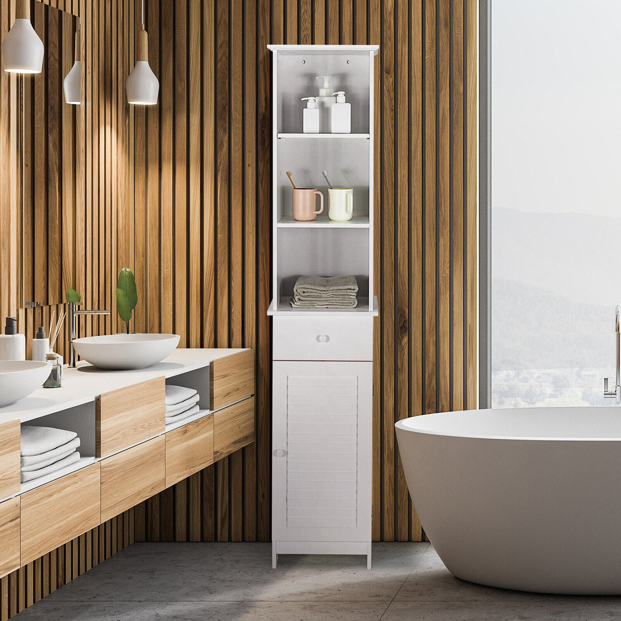 Mueble de Almacenamiento Alto de Baño Independiente con Estantes Abiertos y Cajón - Blanco