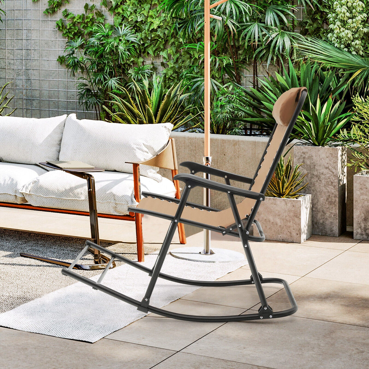 Sillón mecedora plegable liviano para exteriores con reposapiés