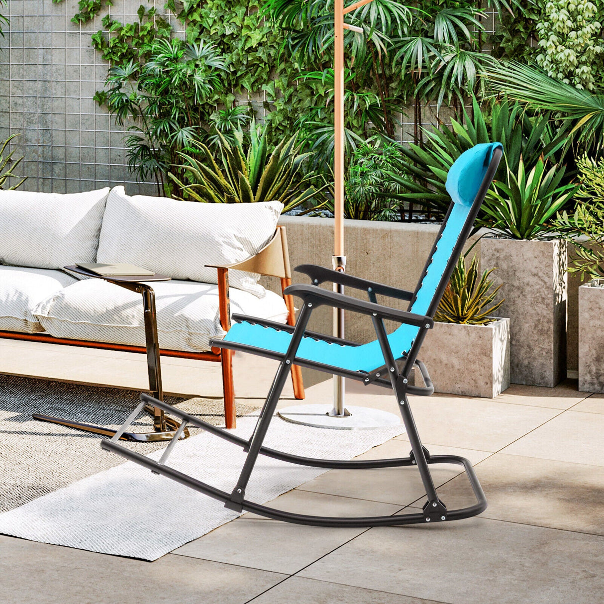 Sillón mecedora plegable liviano para exteriores con reposapiés