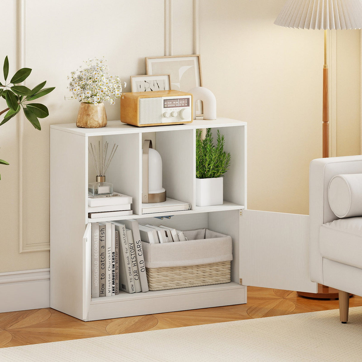 Estantería de 3 cubos con puertas Estantería cúbica de 3 niveles con compartimentos abiertos y armario