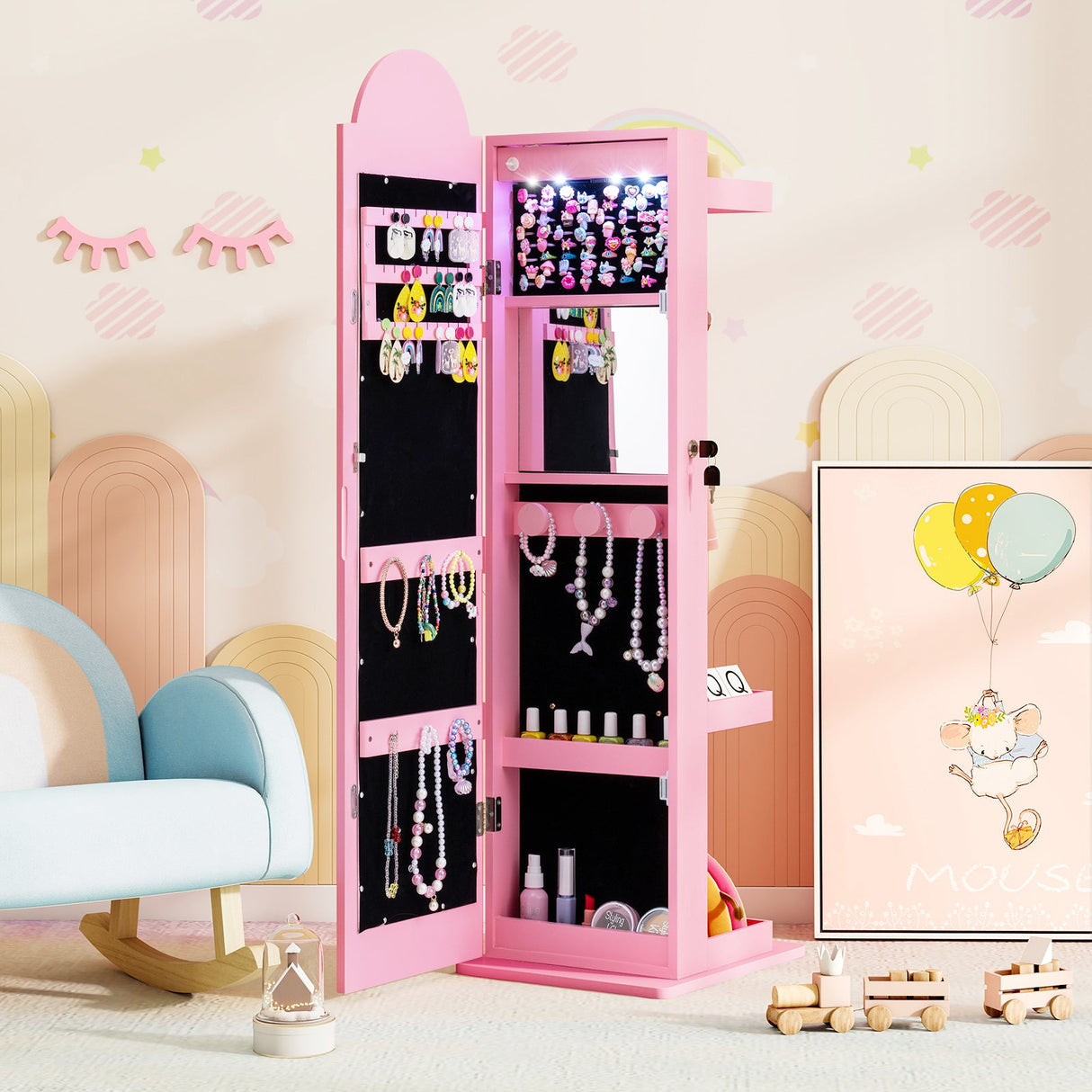 Armario de Joyas 3 en 1 para Niños, Joyero Independiente con Espejo Iluminado de 3 Colores