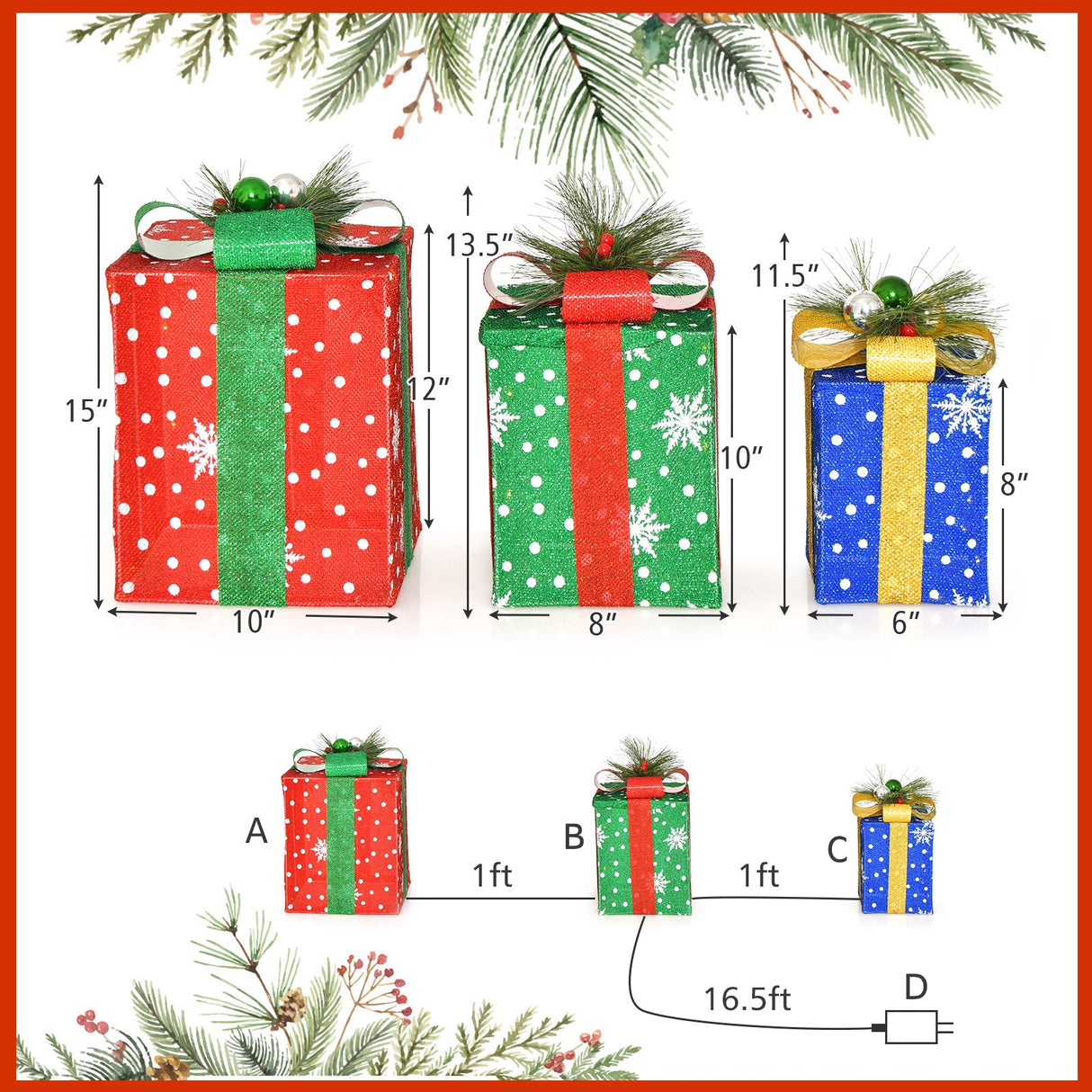 Juego de 3 cajas de regalo navideñas iluminadas con 52 luces LED preiluminadas