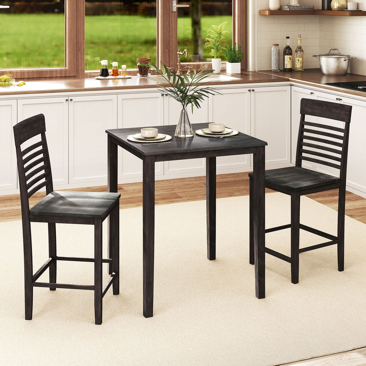 Juego de comedor de 3 piezas para 2 personas con altura de mostrador, estructura de madera de caucho y reposapiés