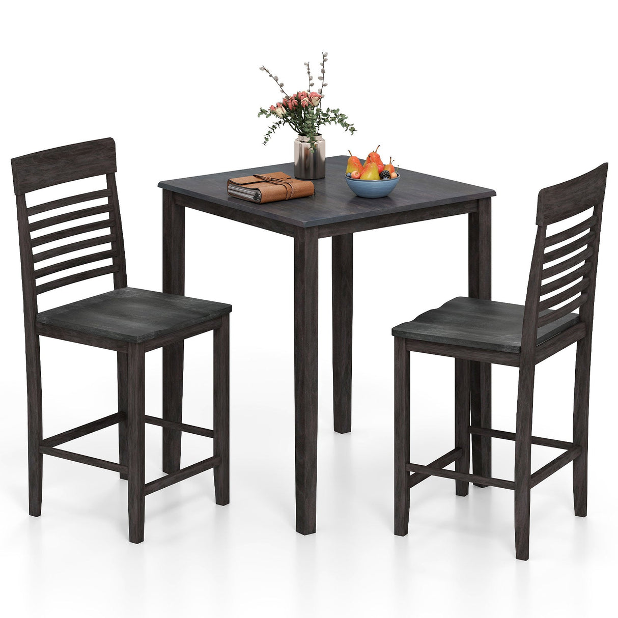 Juego de comedor de 3 piezas para 2 personas con altura de mostrador, estructura de madera de caucho y reposapiés