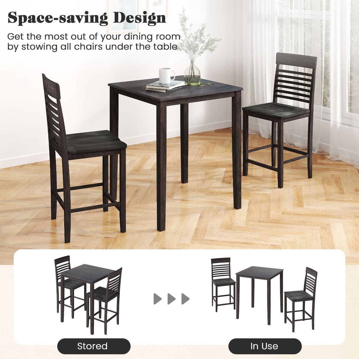 Juego de comedor de 3 piezas para 2 personas con altura de mostrador, estructura de madera de caucho y reposapiés