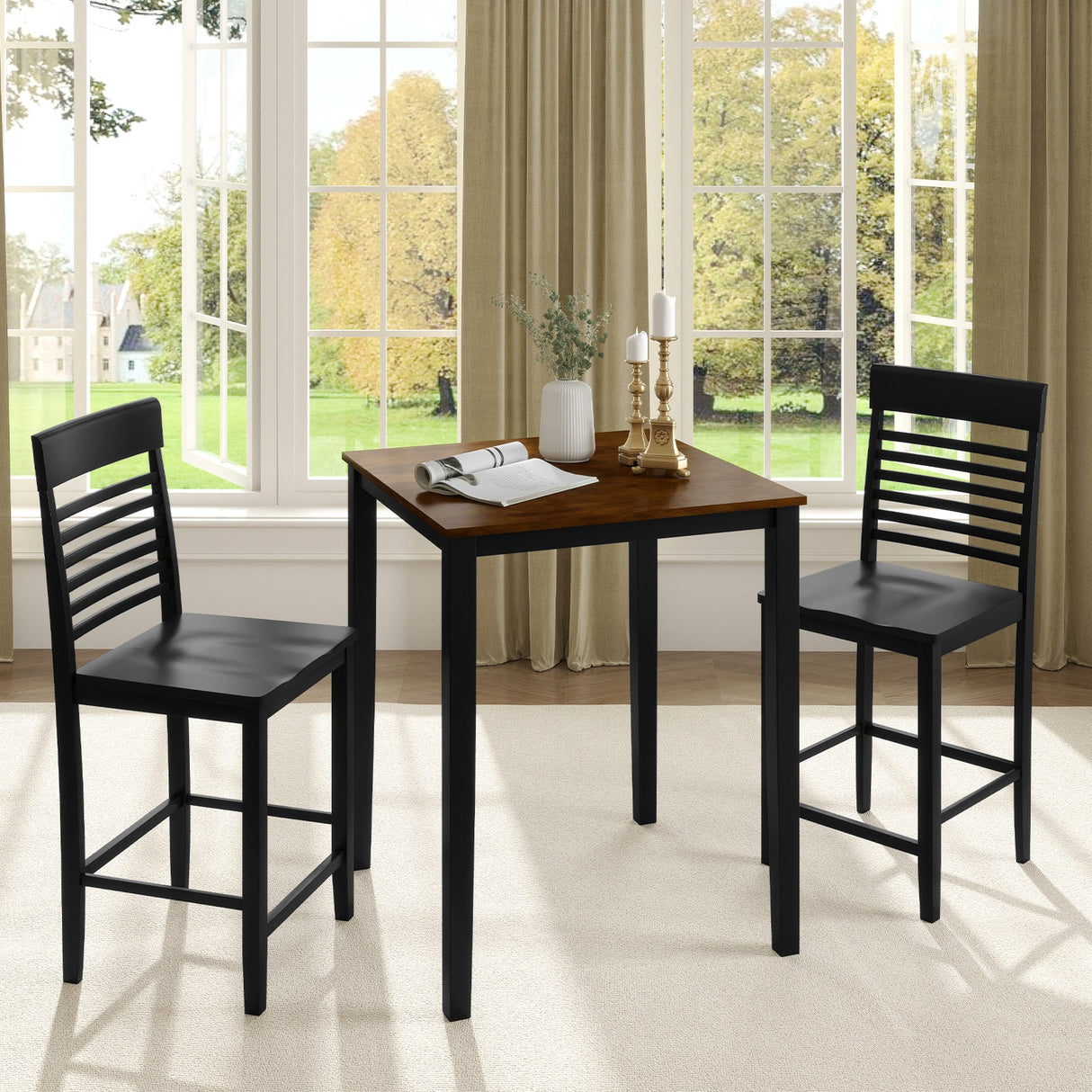 Juego de comedor de 3 piezas para 2 personas con altura de mostrador, estructura de madera de caucho y reposapiés