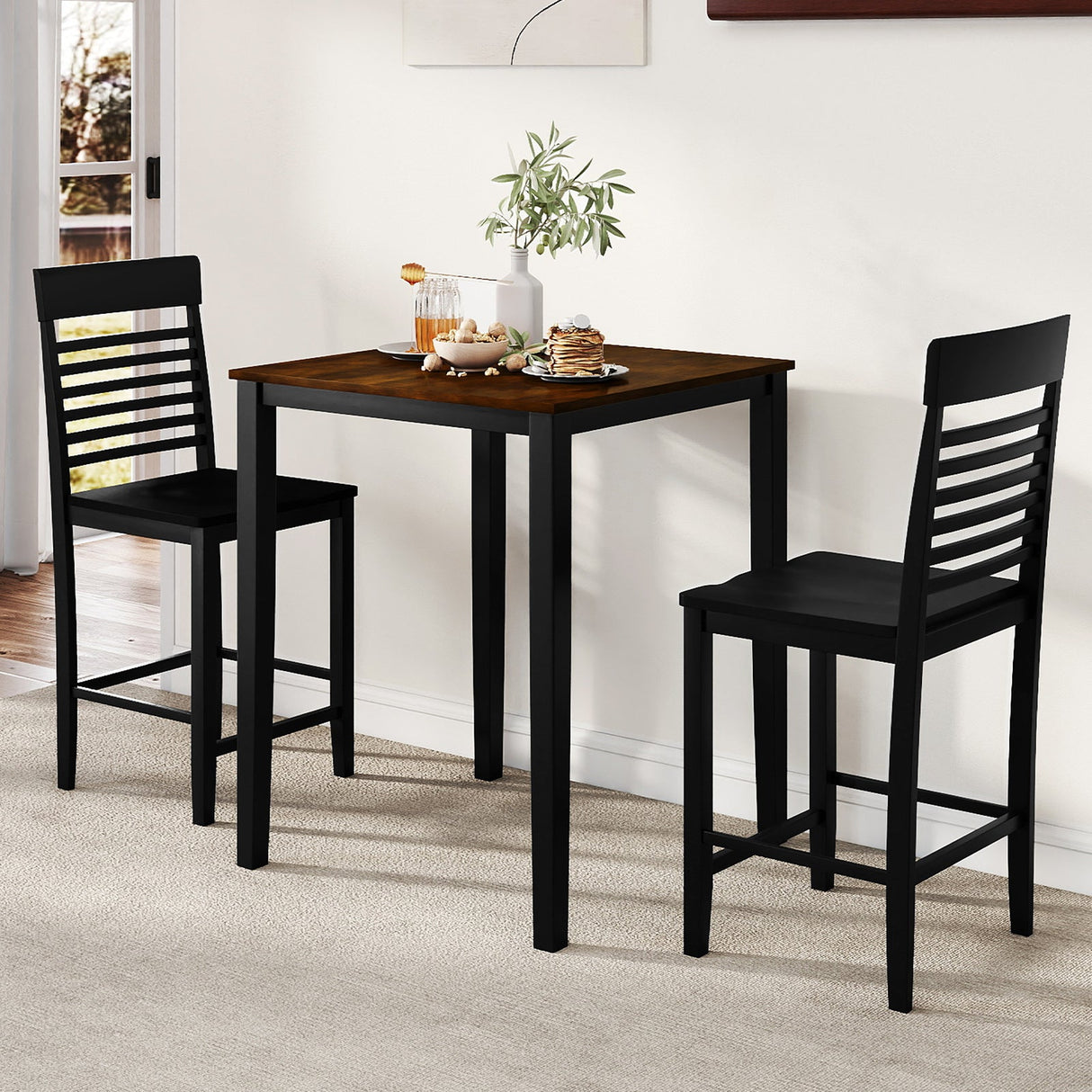 Juego de comedor de 3 piezas para 2 personas con altura de mostrador, estructura de madera de caucho y reposapiés