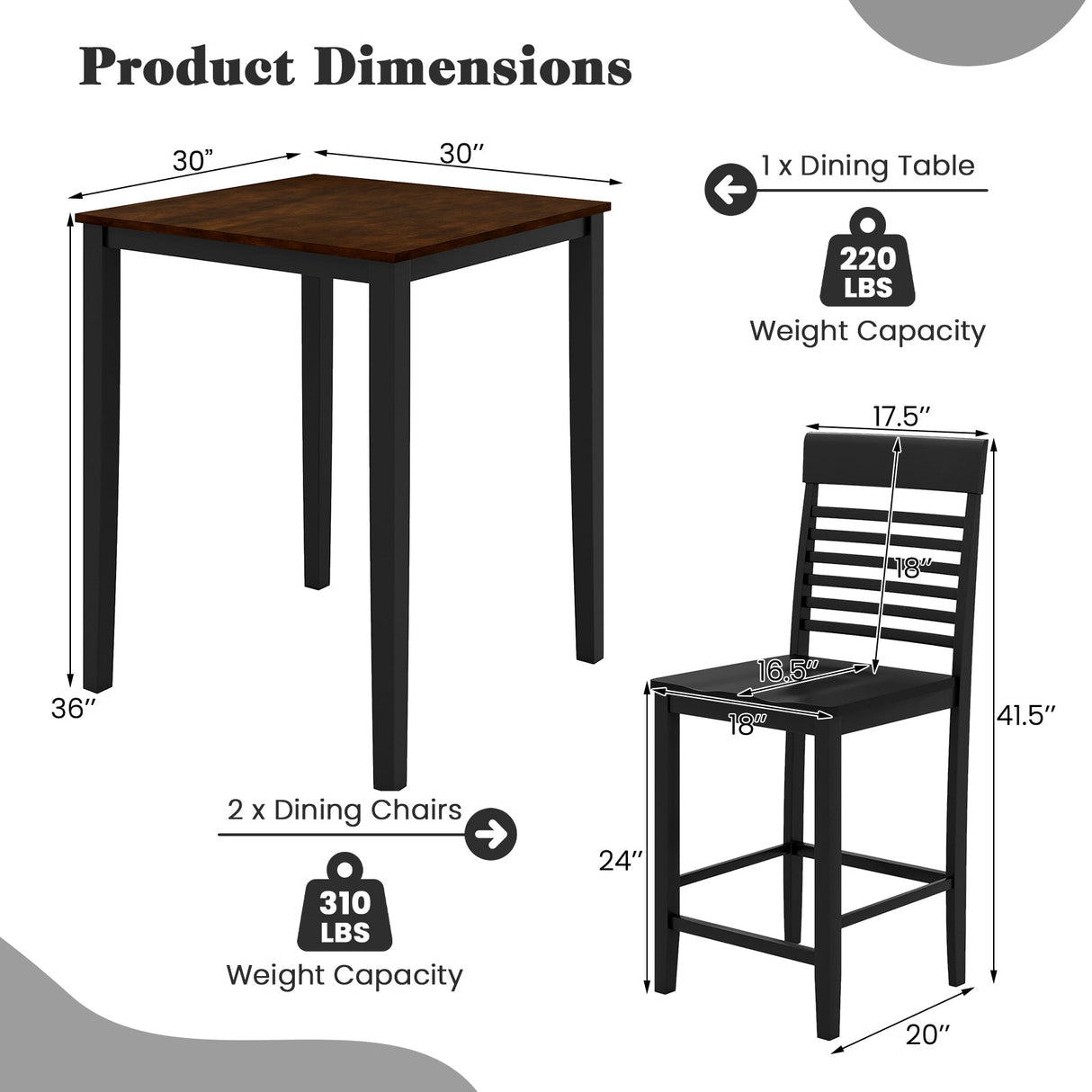 Juego de comedor de 3 piezas para 2 personas con altura de mostrador, estructura de madera de caucho y reposapiés