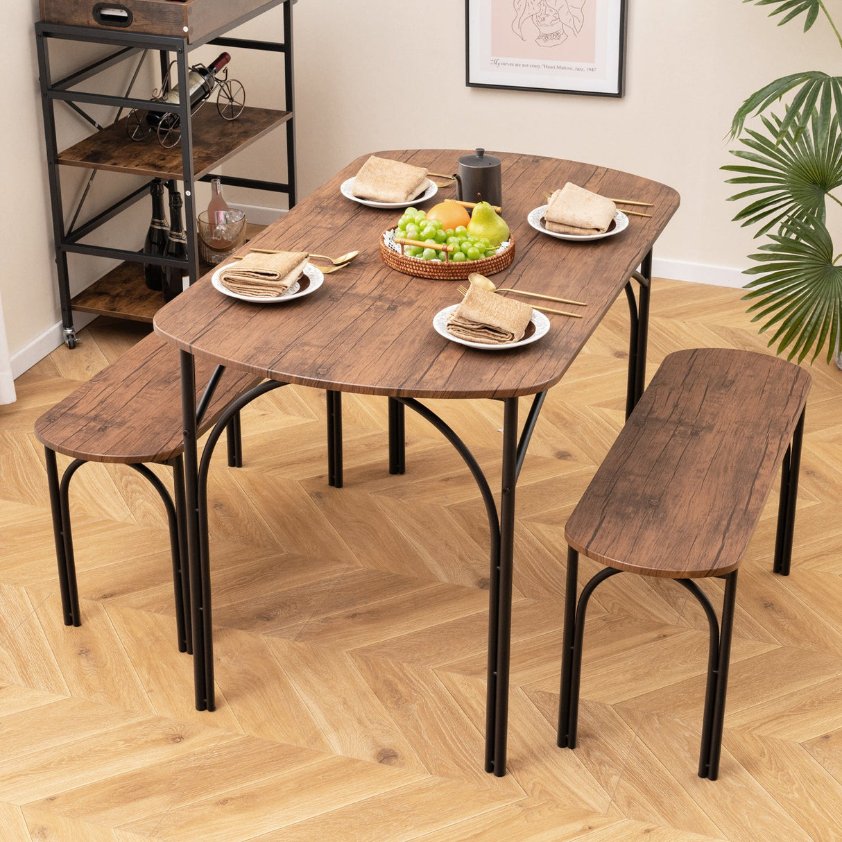 Juego de comedor de 3 piezas para 4 personas con estructura de metal - Marrón