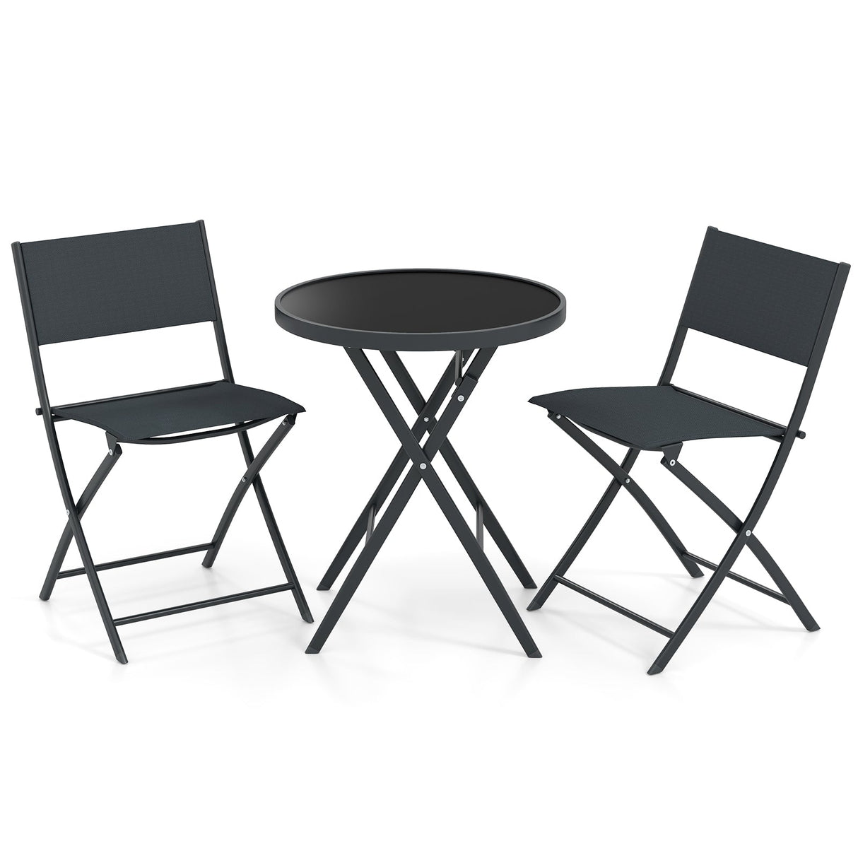 Juego de bistró plegable de 3 piezas para exteriores con mesa de centro de vidrio templado y 2 sillas de patio