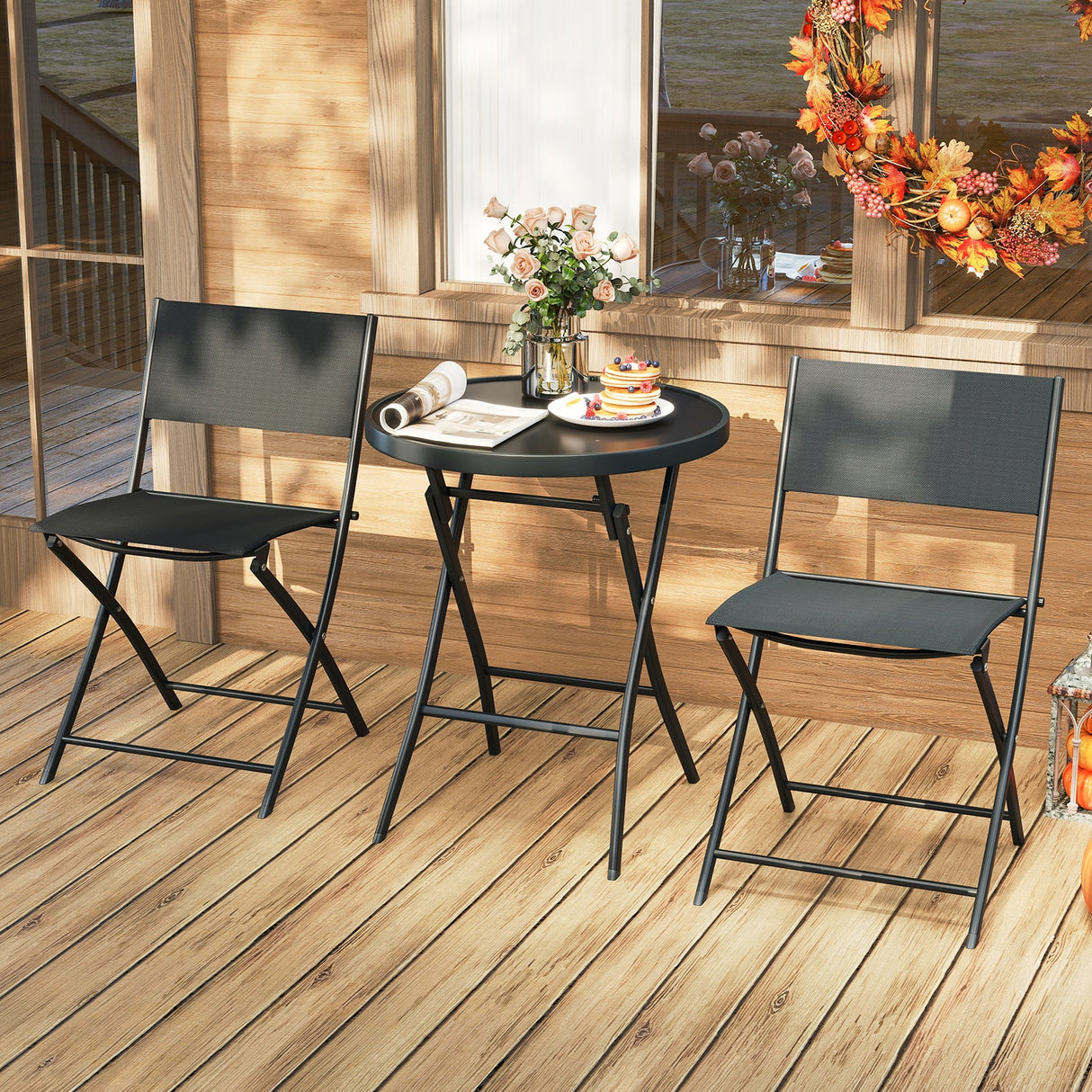 Juego de bistró plegable de 3 piezas para exteriores con mesa de centro de vidrio templado y 2 sillas de patio