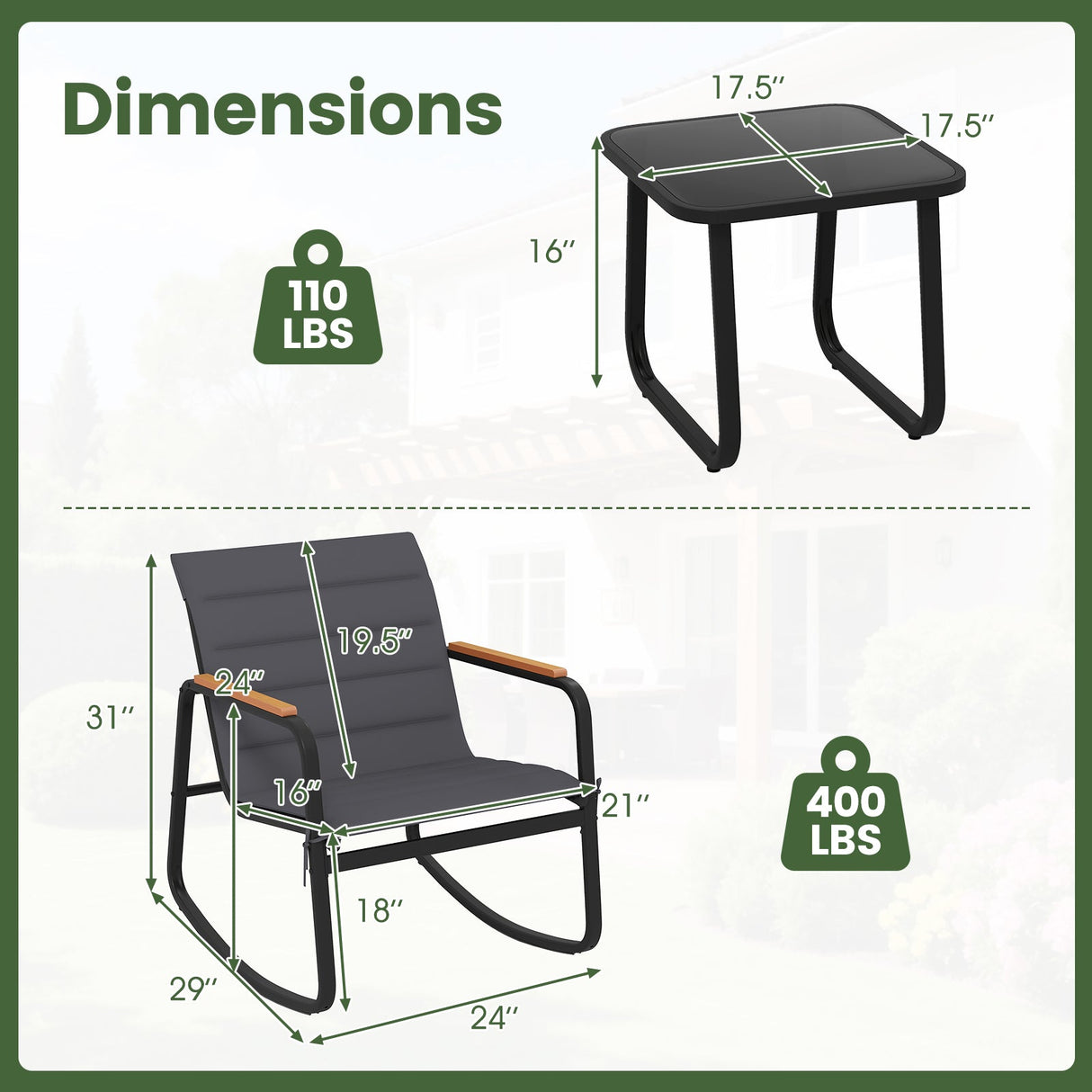 Juego de bistro de 3 piezas para exteriores con sillas mecedoras para porche - Gris