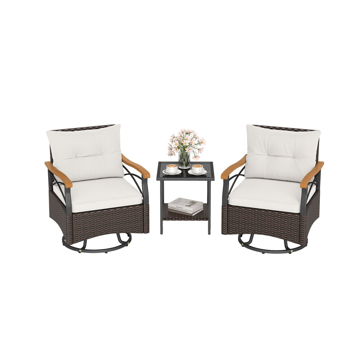 Juego de 3 sillas giratorias de exterior con mesa auxiliar de cristal templado
