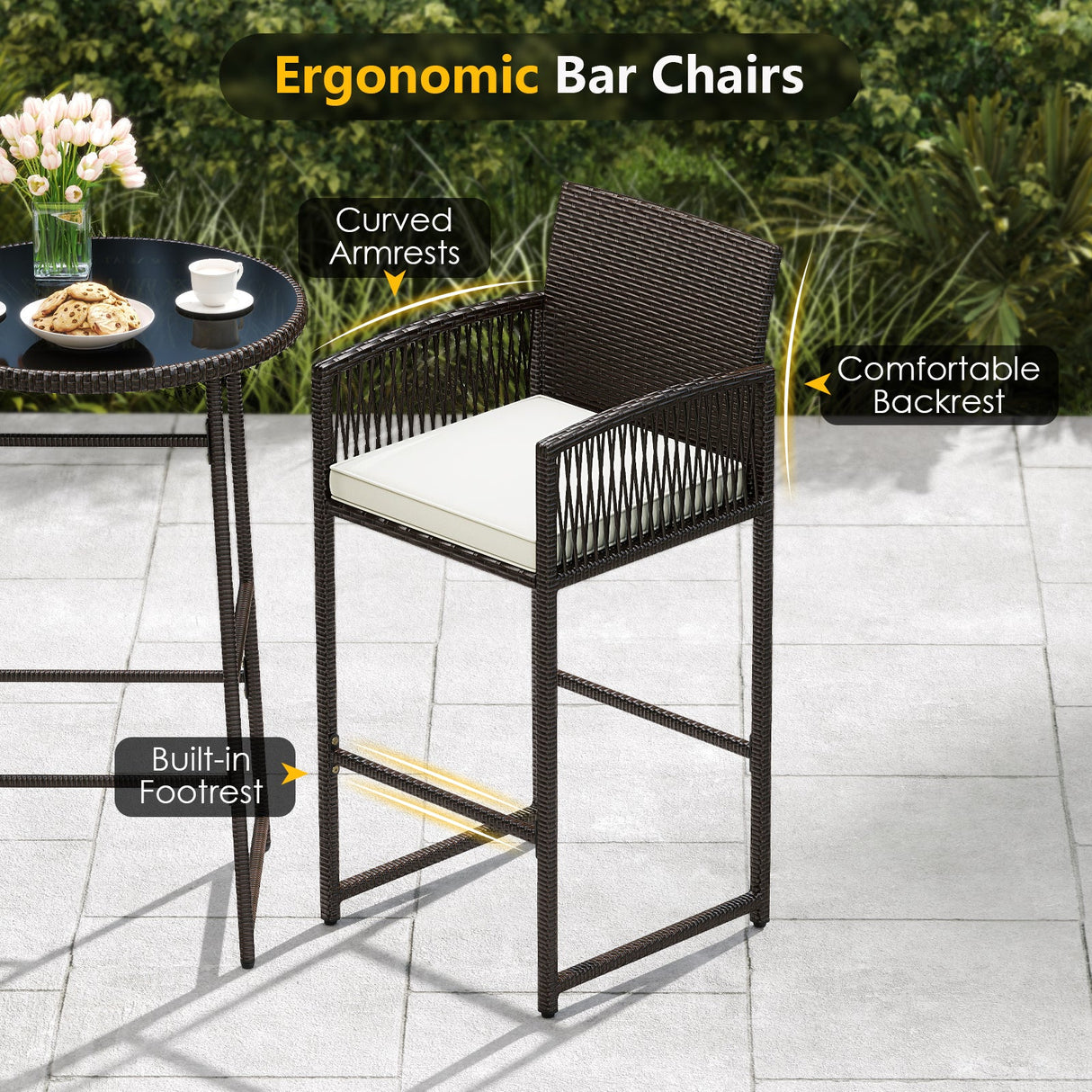 Juego de bar de patio de 3 piezas con mesa y sillones de mimbre para exteriores - Blanco