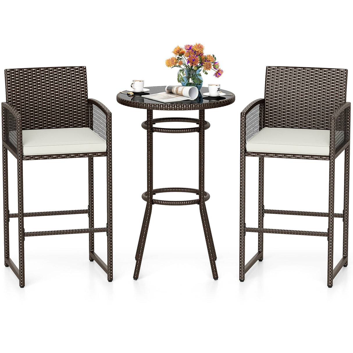 3 Piece Patio Bar Set Outdoor Wicker Bar Height Round Table and Armchairs-White