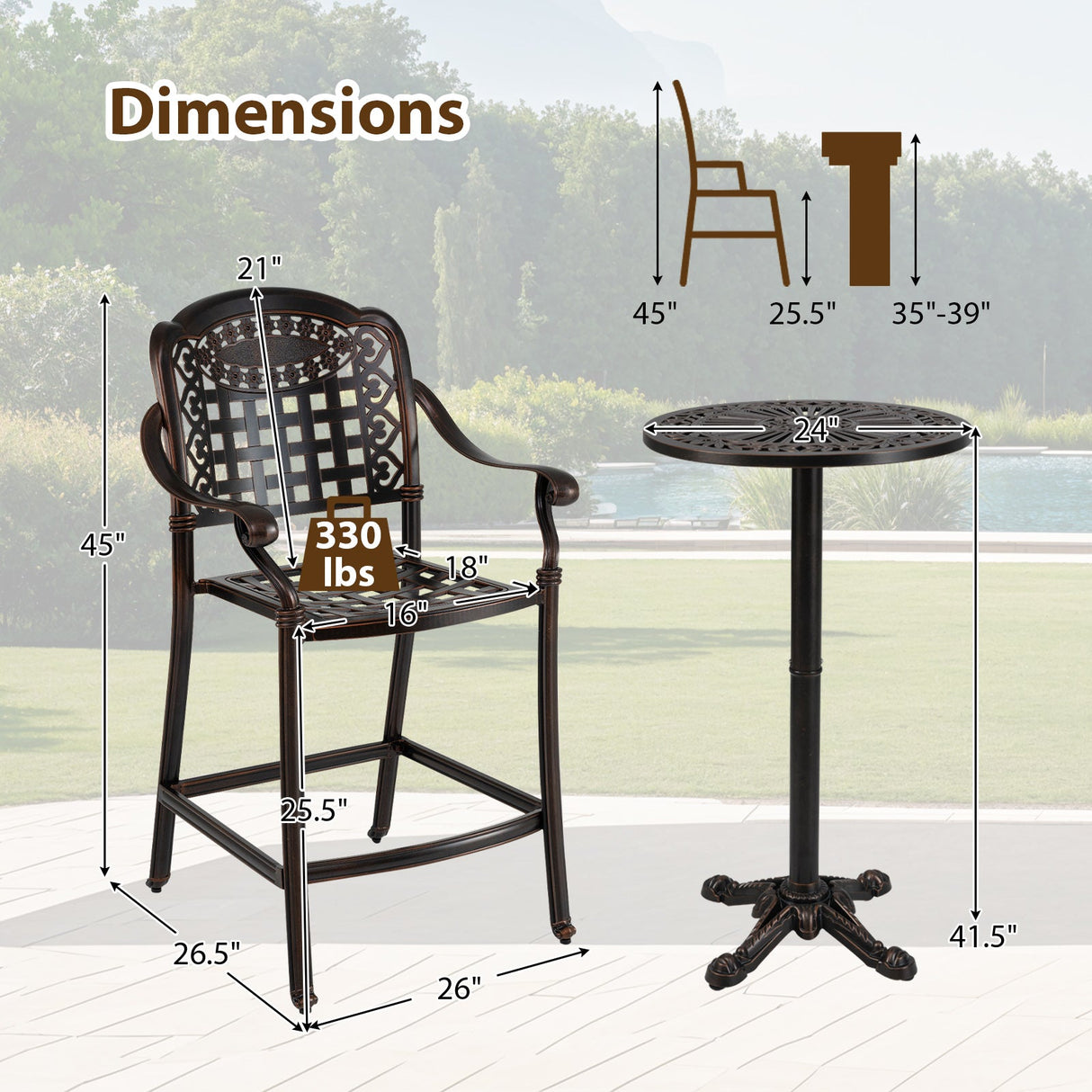 Juego de bar de patio de 3 piezas, mesa redonda alta de aluminio fundido para exteriores con 2 taburetes de altura de mostrador