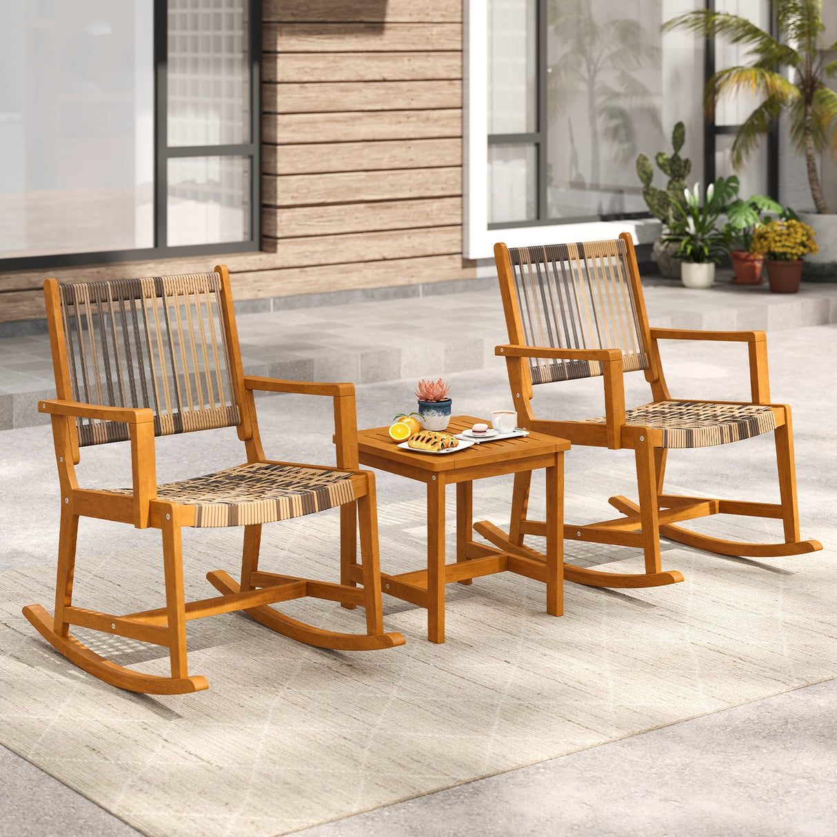Juego de 3 Piezas de Mecedoras para Patio, de Madera de Acacia, con Asiento y Respaldo de Ratán