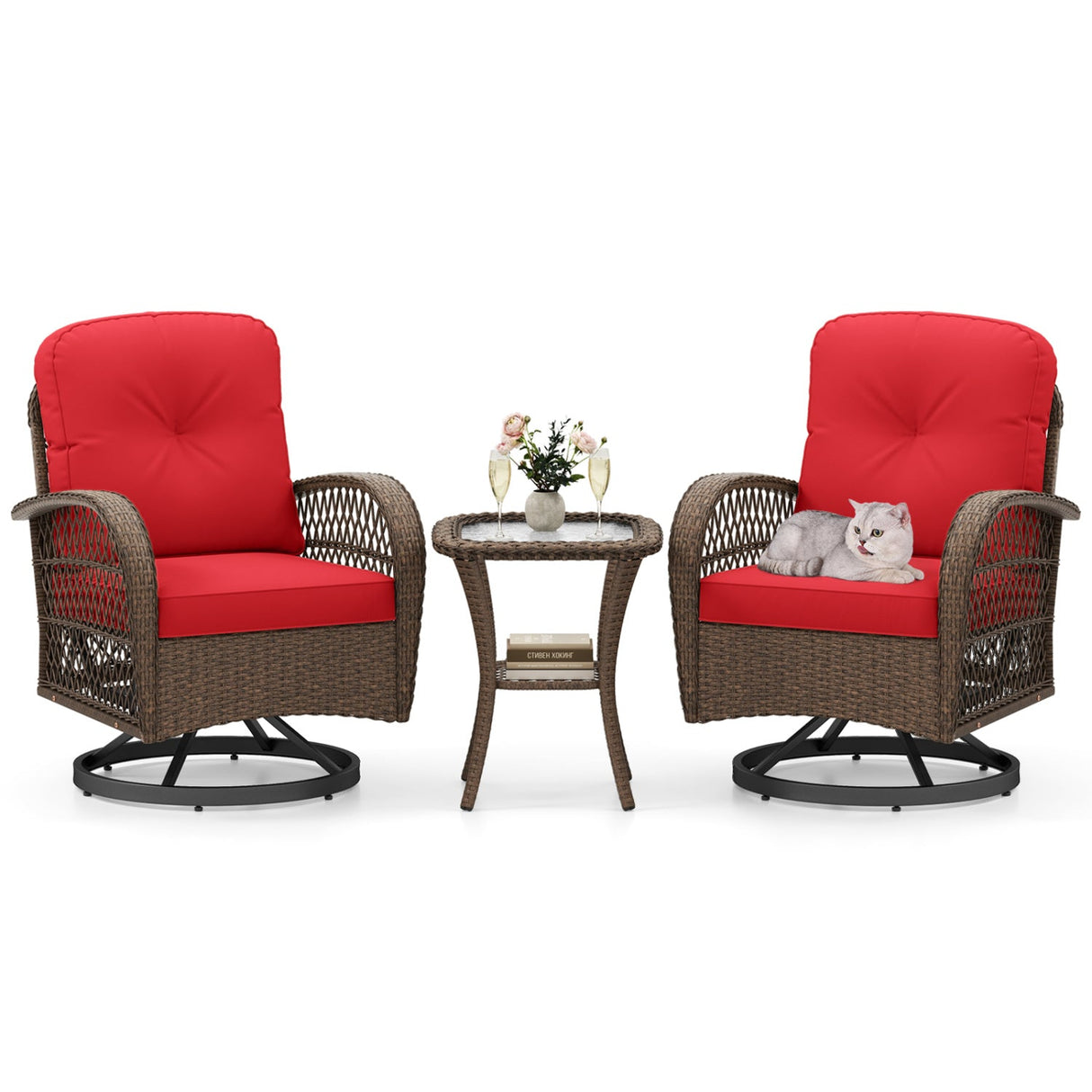3 Piece Patio Swivel Rocker Set with Tempered Glass Side Table and Thick Cushions