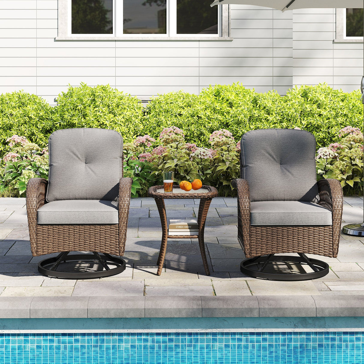 3 Piece Patio Swivel Rocker Set with Tempered Glass Side Table and Thick Cushions